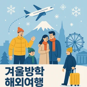 겨울방학 해외여행을 떠나는 가족과 비행기, 눈송이가 있는 일러스트