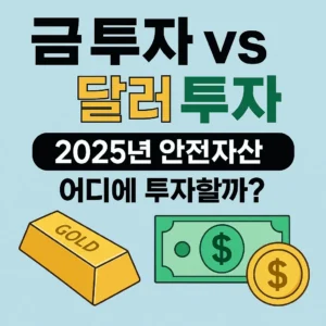 금 투자 vs 달러 투자 썸네일 – 2025년 안전자산 투자 선택을 나타내는 금화와 달러 지폐 아이콘