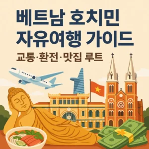 베트남 호치민 자유여행 가이드 썸네일 이미지. 사이공 중앙우체국, 사이공 대성당, 비텍스코 타워 등 랜드마크와 불상, 베트남 국기, 비행기, 현지 음식과 지폐가 함께 표현된 따뜻한 색감의 여행 일러스트.