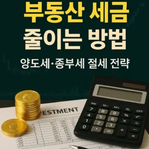 부동산 세금 줄이는 방법 – 양도세와 종부세 절세 전략을 주제로 한 썸네일 이미지, 계산기와 금화, 세금 문서가 배치된 장면