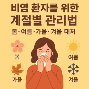 비염 환자를 위한 계절별 관리법을 주제로 한 썸네일 이미지. 여성이 휴지를 들고 코를 푸는 모습과 함께 봄, 여름, 가을, 겨울을 상징하는 아이콘이 배치되어 있다
