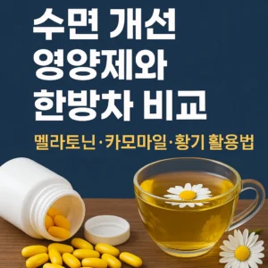 수면 개선에 좋은 영양제와 한방차 비교를 주제로, 멜라토닌 영양제 캡슐과 카모마일 차가 함께 배치된 썸네일 이미지