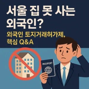 외국인 토지거래허가제를 주제로 한 썸네일, 여권을 든 외국인과 집 구매 제한 아이콘