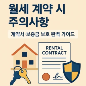 월세 계약 시 주의사항을 강조한 인포그래픽. 집 아이콘, 열쇠, 임대차 계약서, 보증금 보호를 상징하는 방패 이미지가 포함되어 있으며, '계약서·보증금 보호 완벽 가이드'라는 문구가 함께 표시됨.
