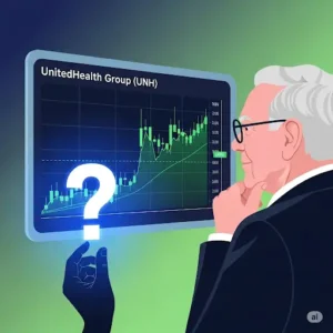 워런 버핏의 모습이 그려진 일러스트. 그가 유나이티드헬스그룹(UNH)의 상승 주가 그래프를 보며, 아래의 손이 들고 있는 커다란 물음표를 통해 투자 결정에 대한 고민을 상징적으로 보여줍니다