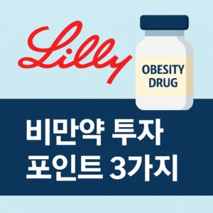일라이릴리 로고와 약병 아이콘이 배경에 배치되고, 하단에 ‘비만약 투자 포인트 3가지’라는 한국어 문구가 선명하게 적힌 정사각형 썸네일