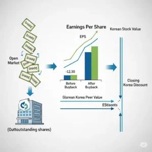 기업의 자사주 소각이 주당순이익(EPS)을 높이고, 코리아 디스카운트 완화에 기여하는 과정을 보여주는 설명도입니다.
