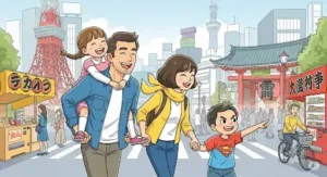 행복한 표정의 네 명의 가족이 일본 도쿄의 번화한 거리를 걸으며 여행을 즐기고 있는 삽화. 아버지가 딸을 등에 태우고 웃고 있고, 어머니는 아들의 손을 잡고 있으며, 아들은 신기한 듯 손가락으로 무언가를 가리키고 있다. 배경에는 도쿄 타워와 센소지처럼 보이는 일본 전통 사원, 그리고 복잡한 도시 풍경이 보인다.