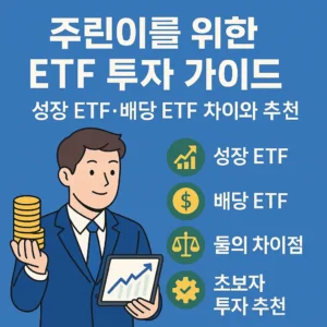 주린이를 위한 ETF 투자 가이드를 주제로 한 인포그래픽. 정장을 입은 남성이 금화를 들고 태블릿에 상승 그래프를 보여주고 있으며, 옆에는 성장 ETF, 배당 ETF, 둘의 차이점, 초보자 투자 추천이라는 문구가 배치되어 있다.