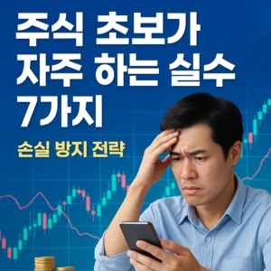주식 초보자를 위한 손실 방지 전략 가이드 썸네일 – 차트와 그래프 배경에 주식 투자 관련 아이콘이 배치된 디지털 이미지
