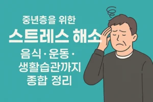 스트레스 해소법 블로그 글용 한국어 썸네일 이미지 – 음식, 운동, 생활습관을 표현한 건강 관리 컨셉