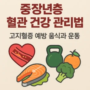 중장년층 혈관 건강 관리법 – 고지혈증 예방 음식과 운동이라는 문구와 함께 심장, 연어, 브로콜리, 오렌지, 아령 아이콘이 그려진 썸네일