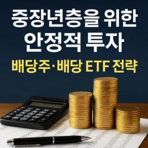 중장년층을 위한 안정적 투자 전략 썸네일 – 배당주와 배당 ETF를 상징하는 금화와 계산기 이미지