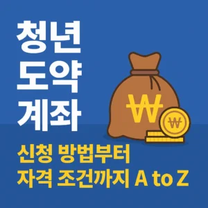 청년 도약 계좌 신청 방법부터 자격 조건까지 안내하는 파란색 배경의 홍보용 썸네일 이미지, 큰 글씨와 원화 자루 아이콘 포함
