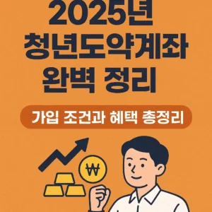 2025년 청년도약계좌 완벽 정리를 강조한 블로그 썸네일 이미지, 청년 일러스트와 금화·그래프 아이콘 포함