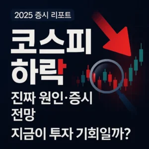 코스피 하락 – 딥 네이비 그라데이션 배경에 붉은 하락 화살표와 캔들차트, 돋보기 아이콘, 중앙에 ‘코스피 하락, 지금이 투자 기회일까?’라는 굵은 한글 타이포가 배치된 금융 썸네일