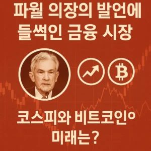파월 의장의 발언으로 출렁이는 금융시장을 표현한 썸네일 이미지, 중앙에 파월 의장 사진과 코스피·비트코인 아이콘, 배경에는 주가 차트가 함께 배치됨