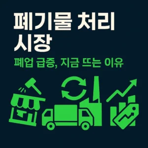 폐기물 처리 시장 – 딥 네이비·그린 톤 배경에 ‘폐업 급증, 폐기물 처리 시장이 뜬다’라는 굵은 한글 타이포와 폐업 간판·철거 공구·수거 트럭·소각장 굴뚝·재활용 화살표 아이콘이 배치된 썸네일