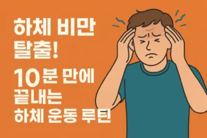 하체 비만 탈출! 10분 만에 끝내는 하체 운동 루틴이라는 문구와 오렌지색 배경 위에 머리를 짚고 있는 남성 일러스트