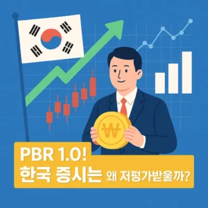 한국 증시를 주제로 한 일러스트, 상승 그래프와 원화 코인을 든 투자자
