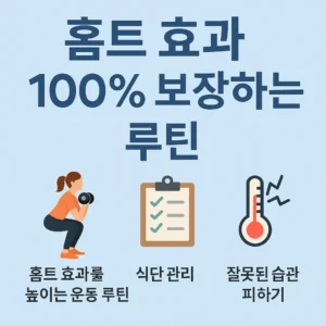 홈트 효과 100% 보장하는 루틴 – 운동 루틴, 식단 관리, 잘못된 습관 피하기를 강조한 인포그래픽