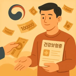 건강보험증을 들고 민생지원금을 수령하는 남성의 일러스트