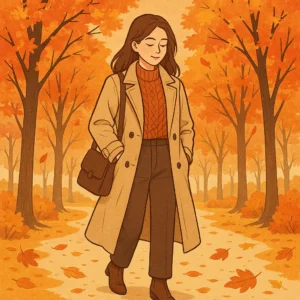 가을 공원 길을 트렌치코트와 니트를 입고 걷는 세련된 여성 일러스트