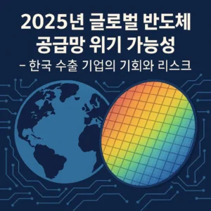 2025년 글로벌 반도체 공급망 위기를 상징하는 반도체 웨이퍼와 지구 지도 이미지