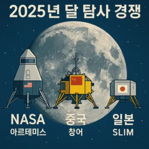 2025년 달 탐사 경쟁을 상징하는 NASA 아르테미스, 중국 창어, 일본 SLIM 착륙선 일러스트