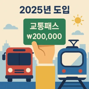 2025년 도입되는 버스·지하철 무제한 교통패스를 상징하는 일러스트, 교통카드와 버스·지하철 아이콘 포함