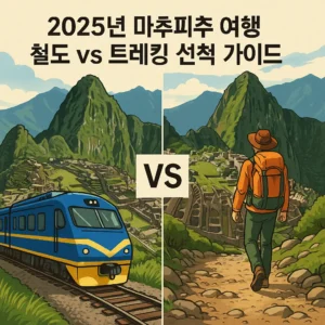 마추픽추를 향하는 열차와 트레킹 여행자가 대비되는 풍경