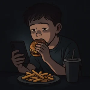 청소년 비만의 원인인 스마트폰 사용·야식·수면 부족을 상징하는 일러스트