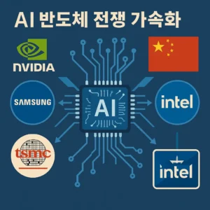 AI 반도체 전쟁을 상징하는 엔비디아·삼성·TSMC·인텔·중국 기업 경쟁 인포그래픽 일러스트