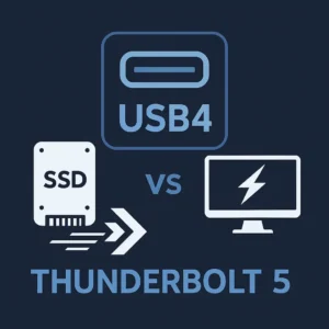 USB4와 썬더볼트5 비교를 표현한 아이콘형 일러스트 – SSD와 모니터 연결 차이 강조