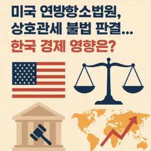 미국 연방항소법원의 상호관세 불법 판결과 한국 경제 영향 강조 썸네일, 미국 국기와 저울, 법원 건물, 세계지도와 그래프 아이콘 포함