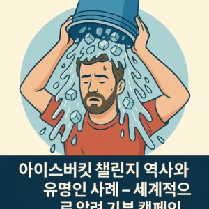 아이스버킷 챌린지를 상징하는 장면, 얼음물을 뒤집어쓰는 인물과 함께 루게릭병 인식과 기부 캠페인을 표현한 일러스트