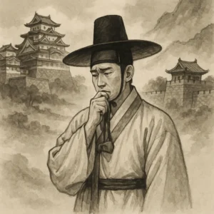 임진왜란 시기 조선 유학생이 일본과 조선 사이에서 선택을 고민하는 장면의 전통 수묵화풍 일러스트