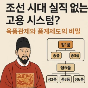 조선 시대 관직 제도와 품계 구조를 설명하는 삽화. 붉은 관복을 입은 관리와 품계 구조 다이어그램이 함께 배치됨.