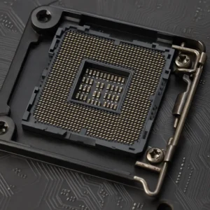 사실적인 CPU 소켓 클로즈업 이미지 – 메인보드 위 LGA 소켓의 금속 핀과 구조를 고해상도로 표현