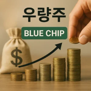 우량주 개념을 시각화한 이미지로, 상승 그래프와 동전 더미를 표현한 실사형 디자인