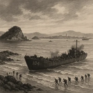 인천상륙작전 당시 상륙정에서 병사들이 해변으로 진격하는 장면