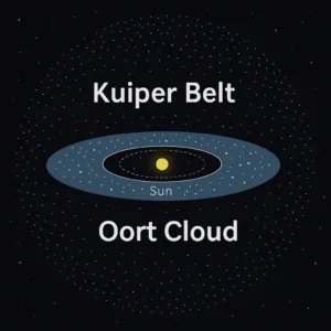 태양계 중심의 태양을 둘러싼 카이퍼 벨트와 오르트 구름의 구조 비교 다이어그램