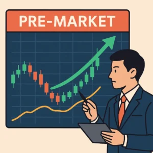 프리마켓 매수 타이밍 차트를 분석하는 투자자 일러스트