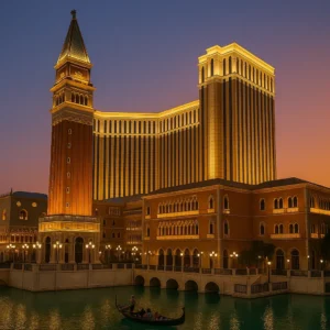 마카오 베네시안 호텔 외관과 곤돌라 운하 전경