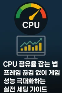 CPU 점유율을 낮추는 방법을 설명하는 그래픽으로, CPU 게이지와 상승 그래프가 포함된 모니터 이미지