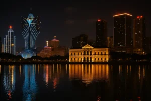 마카오 남완호수 야경을 담은 실제 느낌의 이미지로, 호수에 비친 그랜드 리스보아 호텔의 푸른 조명과 고풍스러운 건물의 따뜻한 조명이 대비되어 반영되는 모습이 특징.