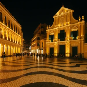 마카오 루소 광장의 밤 풍경으로, 따뜻한 조명에 비친 고풍스러운 건물과 검은·흰색의 물결무늬 바닥 위로 현지인과 여행객들이 여유롭게 걷는 모습이 담긴 이미지.