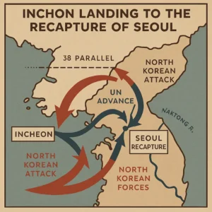 인천상륙작전부터 서울 수복까지 전황 흐름을 나타낸 군사 지도 스타일 썸네일