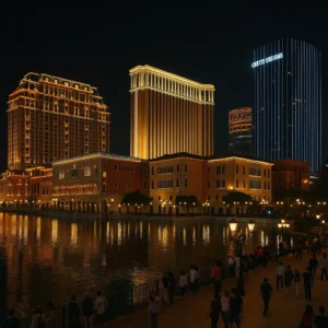 마카오 코타이 스트립의 야경으로, 베네시안·시티 오브 드림즈 등 대형 리조트 호텔이 화려한 조명으로 빛나고, 수로에 반사된 불빛과 산책하는 사람들의 모습이 함께 담긴 이미지.