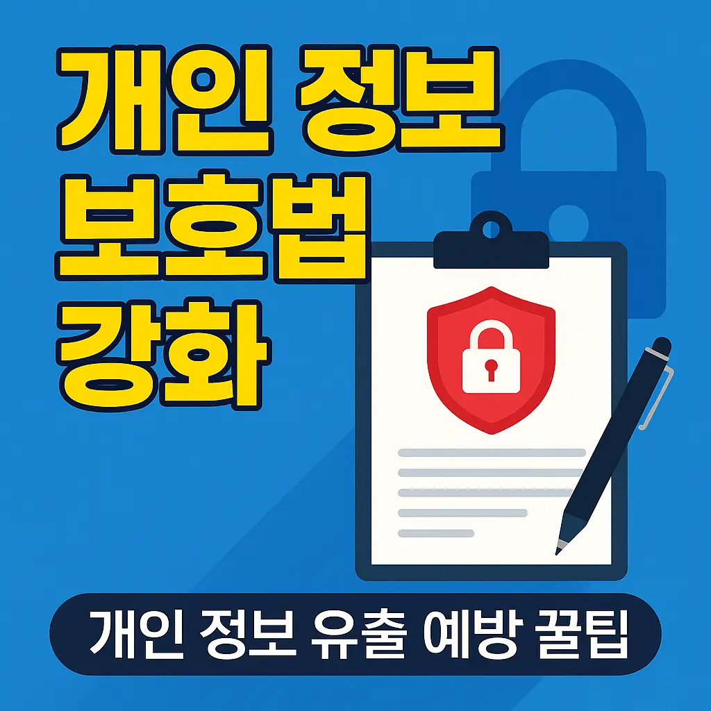 개인 정보 보호법 강화와 개인정보 유출 예방 팁을 강조하는 썸네일 디자인, 자물쇠와 데이터 보안 아이콘이 포함된 디지털 그래픽